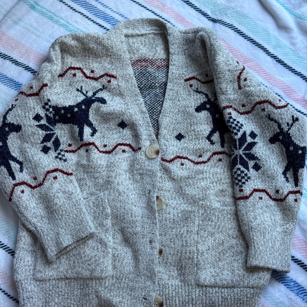 Women's Beige Cardigan with Reindeer Pattern